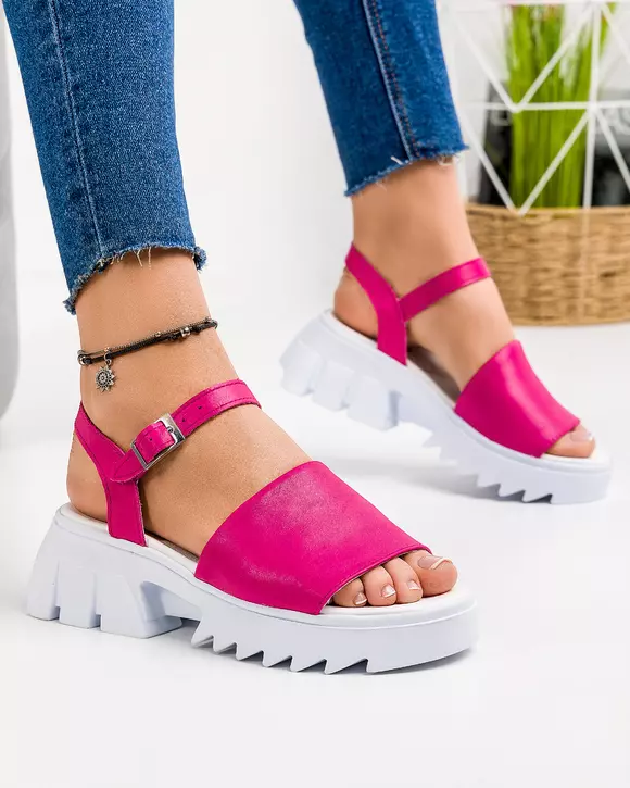 Sandale dama piele naturala fucsia cu talpa alba PV946