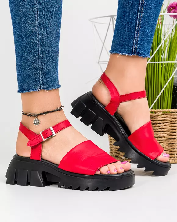 Sandale dama piele naturala rosii cu platforma PV946