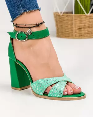 Sandale dama piele naturala verde cu turcoaz si toc gros LF148