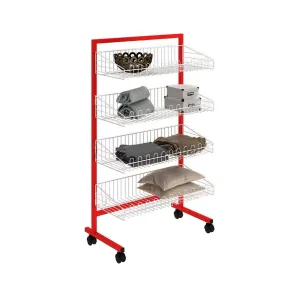 Raft de expunere alb-rosu cu 4 niveluri – stand mobil pentru magazin, 70 cm