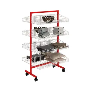 Raft market alb-rosu cu 8 cosuri – Stand de prezentare pe roti, 70 cm