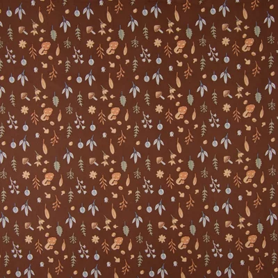 Poplin Cotton print - Mushrooms and Leaves Brown - cupon 85cm