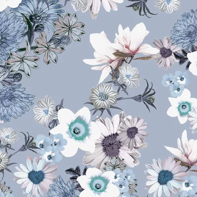 Printed premium linen - Floral Blue - cupon 40cm