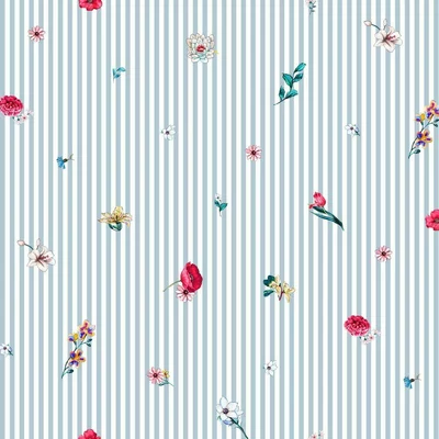 Poplin imprimat digital - Flowers and Stripes Blue