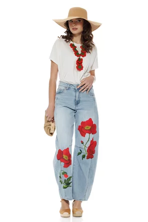 Blugi dama albastru deschis premium balloon summer 2026 cu imprimeu maci