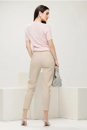 Blugi dama bej cu strasuri croi conic material premium elastic