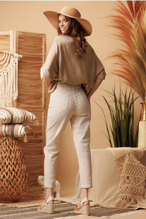 Blugi dama bej cu strasuri croi conic material premium elastic
