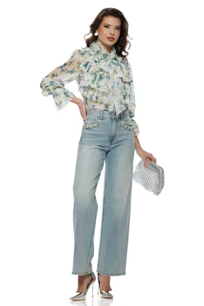 Blugi dama de ocazie premium cu aplicatii de strasuri perle si cristale colorate