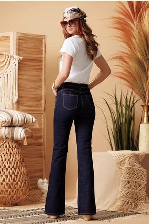 Blugi dama evazati indigo elastici cu talie inalta