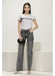 Blugi dama gri cu strasuri croi drept material premium prespalat