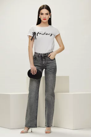 Blugi dama gri cu strasuri croi drept material premium prespalat