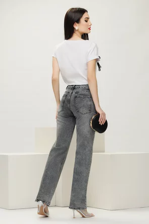 Blugi dama gri cu strasuri croi drept material premium prespalat