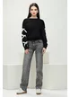 Blugi dama gri cu strasuri croi drept material premium prespalat