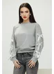 Blugi dama gri cu strasuri croi drept material premium prespalat