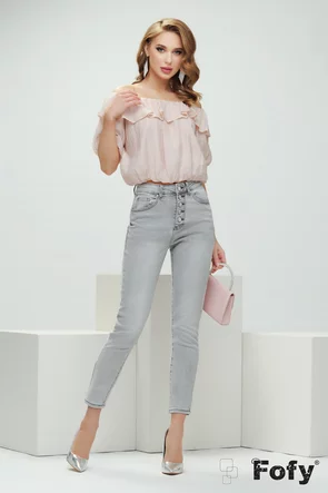 Blugi dama gri deschis premium elastici cu talie inalta nasturi bijuterie