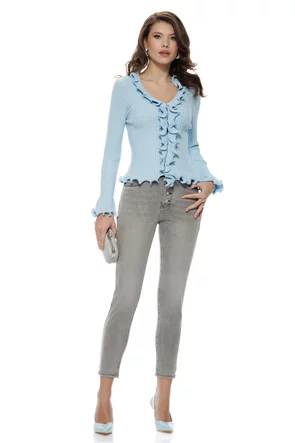 Blugi dama gri deschis premium elastici cu talie inalta nasturi bijuterie