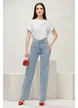 Blugi dama premium albastru deschis cu aplicatii strasuri degrade talie inalta elastici