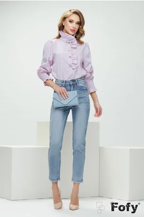 Blugi dama premium conici cu strassuri albastru deschis usor elastici