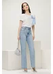 Blugi dama premium cu strassuri drept albastru deschis usor elastici 