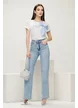 Blugi dama premium cu strassuri drept albastru deschis usor elastici 