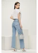 Blugi dama premium cu strassuri drept albastru deschis usor elastici 
