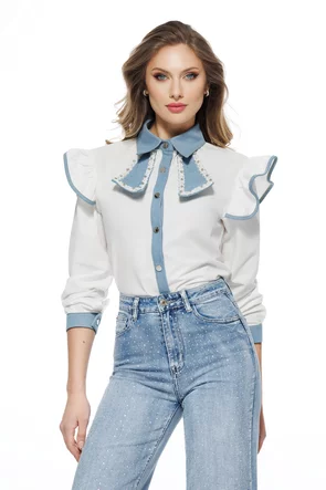 Blugi dama premium drepti cu strassuri pe fata albastru deschis usor elastici