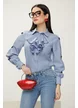 Blugi dama premium evazati albastru deschis cu efect push-up talie medie