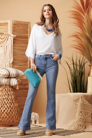 Blugi dama premium evazati albastru deschis cu manseta lata si efect push-up