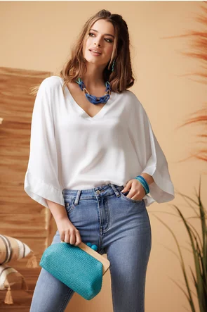 Blugi dama premium evazati albastru deschis cu manseta lata si efect push-up