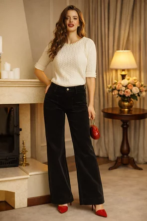 Blugi dama premium evazati din catifea raiata neagra cu manseta lata