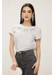 Blugi dama premium gri cu aplicatii strasuri degrade talie inalta elastici