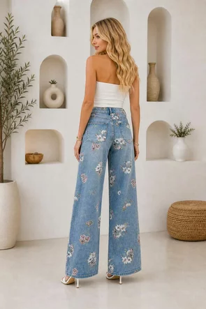 Blugi dama premium summer 2026 wide leg cu imprimeu floral