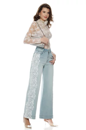 Blugi dama premium wide fashion trend 2026 cu dantela aplicata pe lateral