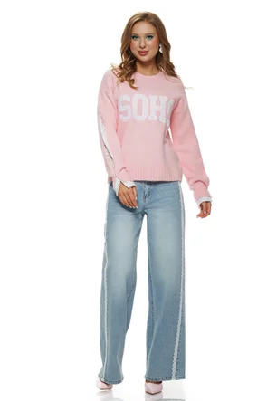 Blugi dama wide premium albastru deschis cu talie medie elastici si dantela pe picior