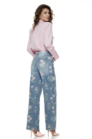 Blugi dama wide premium albastru talie medie imprimeu floral