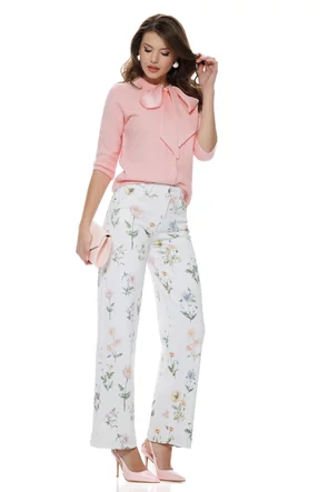 Blugi dama wide premium albi talie medie imprimeu floral