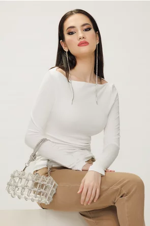 Bluza dama alba din bumbac elastic premium cu decolteu barcuta