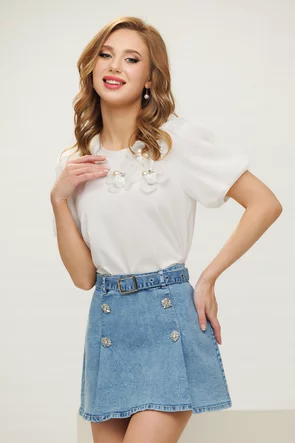 Bluza dama alba din bumbac premium cu maneci bufante si flori din organza cu cristale si perle