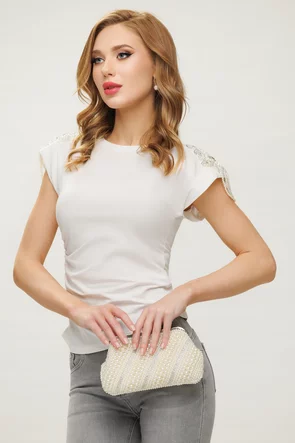Bluza dama alba din bumbac premium cu umeri buretati si epoleti din perle cristale si margele