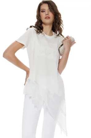 Bluza dama alba premium brodata cu margele si paiete cu insertii asimetrice de matase si dantela