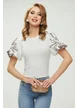 Bluza dama alba premium cu maneci bufante brodate cu margele