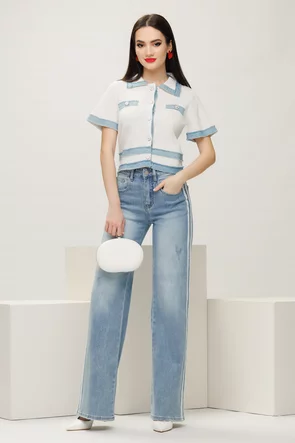 Bluza dama alba premium stil jacheta din vascoza cu contururi din blug 