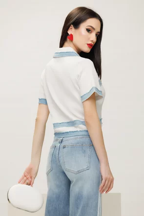 Bluza dama alba premium stil jacheta din vascoza cu contururi din blug 