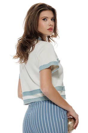 Bluza dama alba premium stil jacheta din vascoza cu contururi din blug 