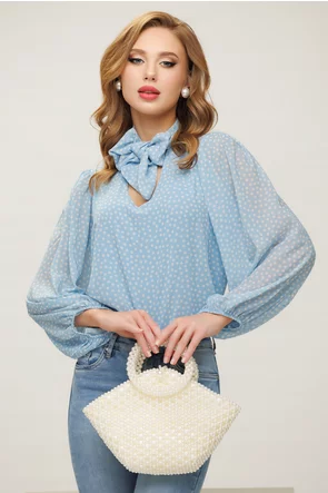 Bluza dama bleu ciel cu buline cu esarfa innodata