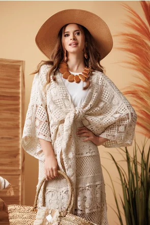 Bluza dama boho din bumbac organic crosetat innodata in talie