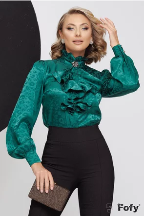 Bluză dama de ocazie Fofy din jakard satinat animal print verde cu jabou elaborat