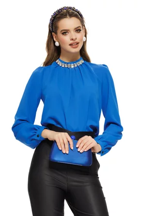 Bluză dama de ocazie Fofy din voal albastru  cu pliuri si cristale