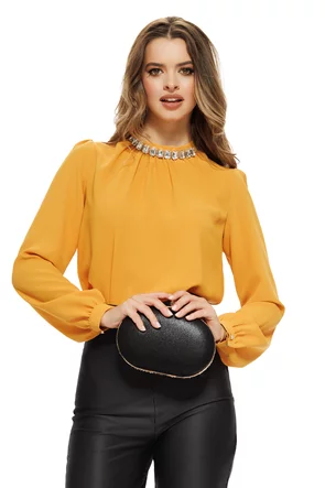 Bluză dama de ocazie Fofy din voal galben cu pliuri la gat si cristale