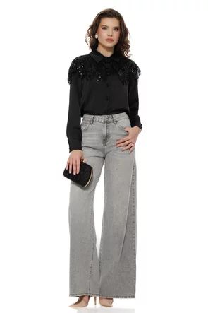 Bluza dama de ocazie neagra satinata cu aplicatie spectaculoasa de margele si paiete